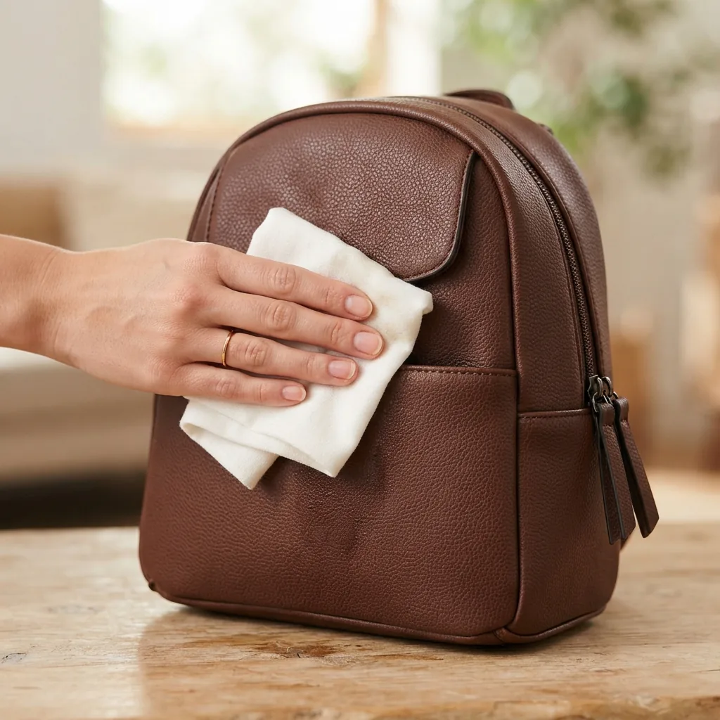 A close-up of a hand holding a clean, damp cloth and wiping the rich brown PVC surface of the Stone & Co. mini backpack.