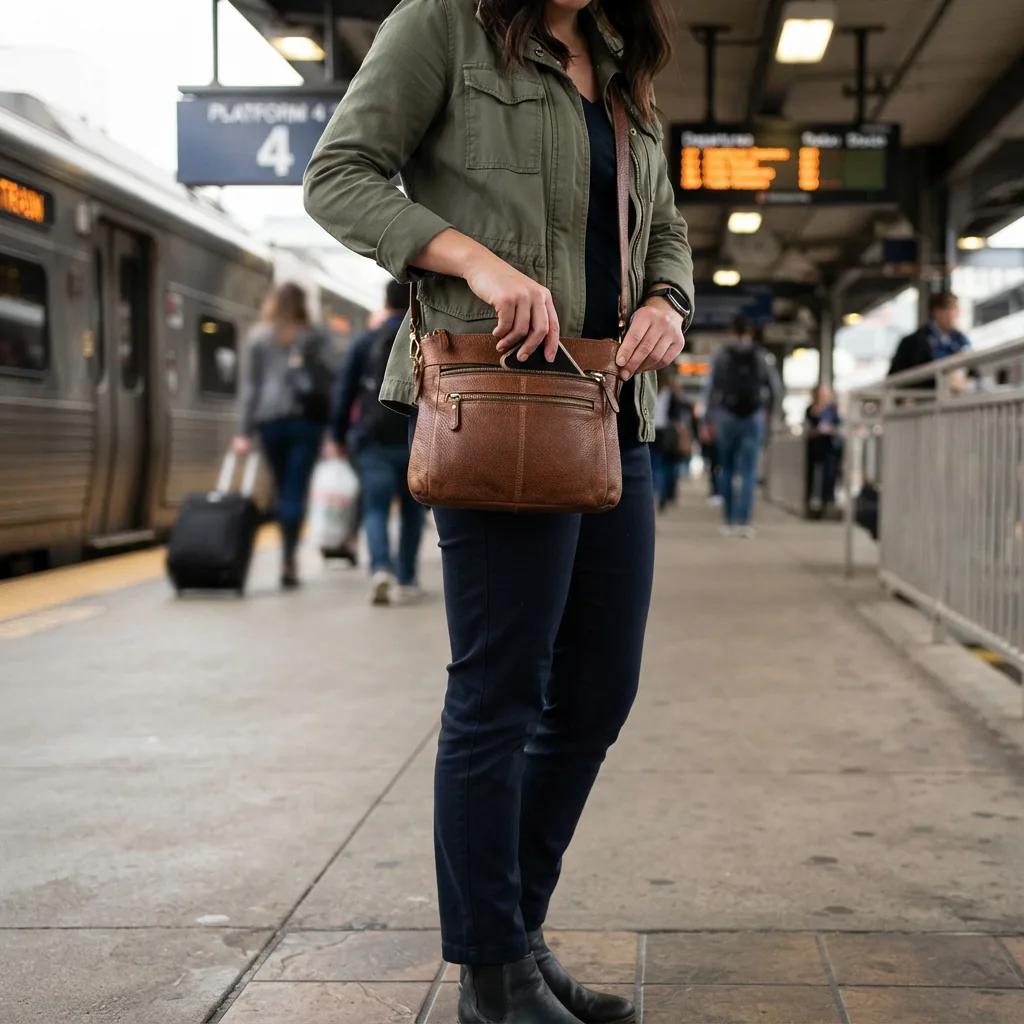 A Stone & Co. crossbody bag worn in a travel setting.