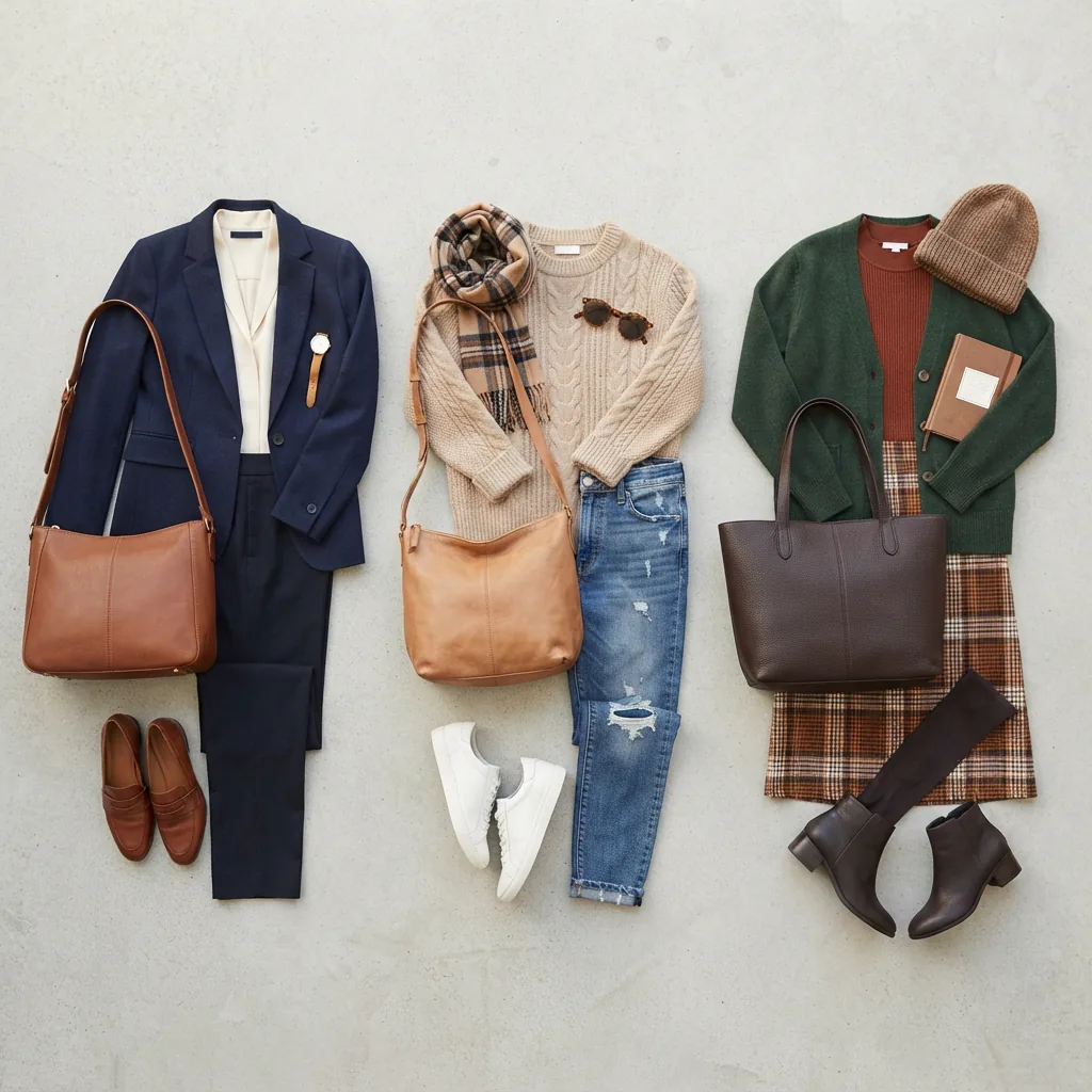 Three handbags in brown, tan, and dark brown shown against different clothing styles.
