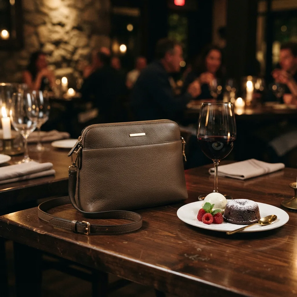 A sleek crossbody bag placed on a restaurant table next to a glass of wine and a small plate.