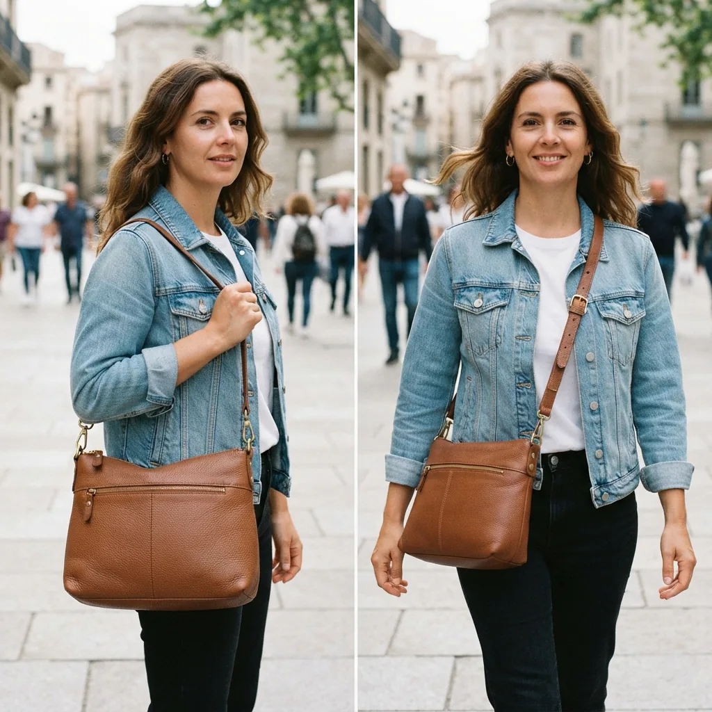 Visual contrast between a shoulder bag worn under the arm and a crossbody bag worn across the body.