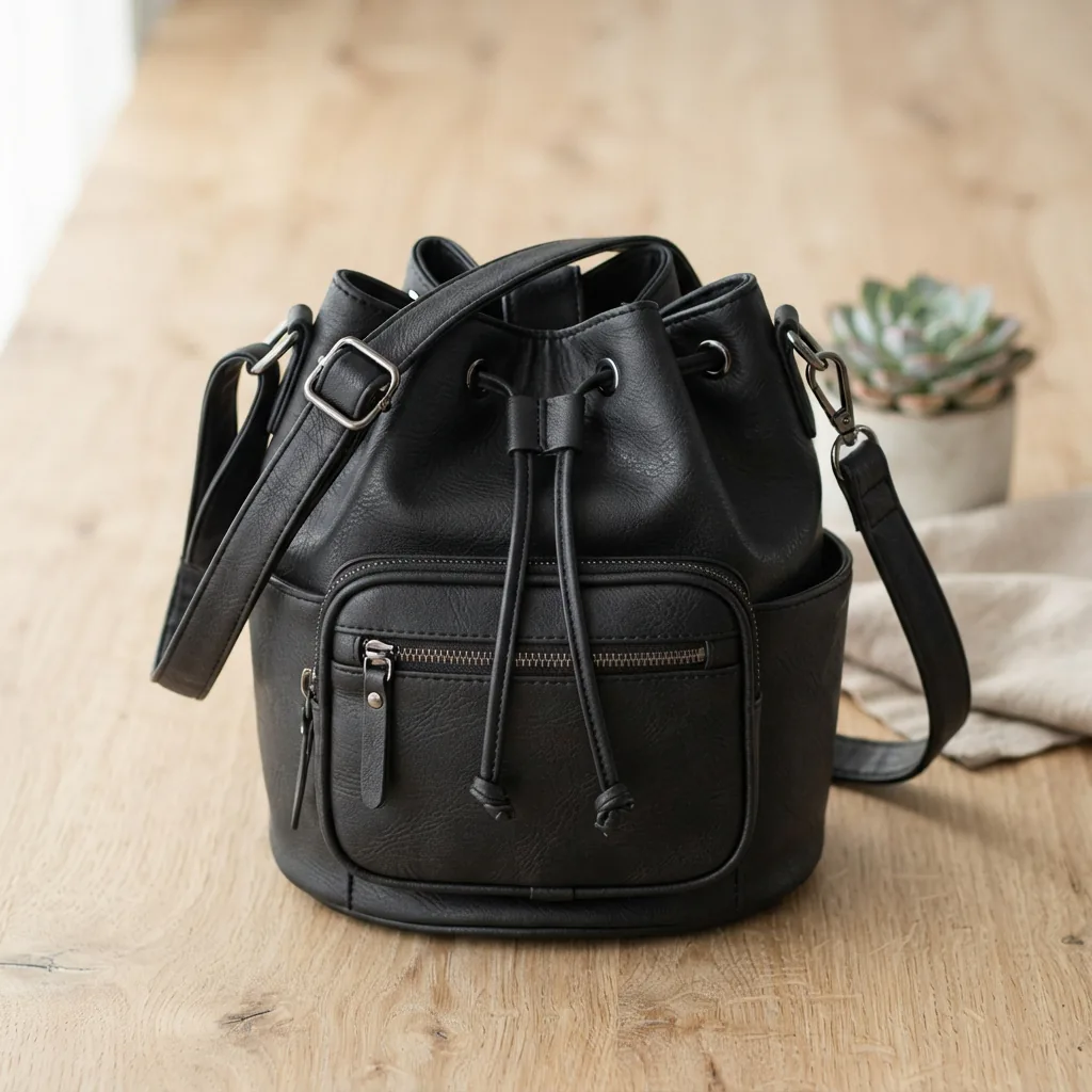 A black faux leather bucket crossbody bag with an adjustable strap, standing on a light wood surface.