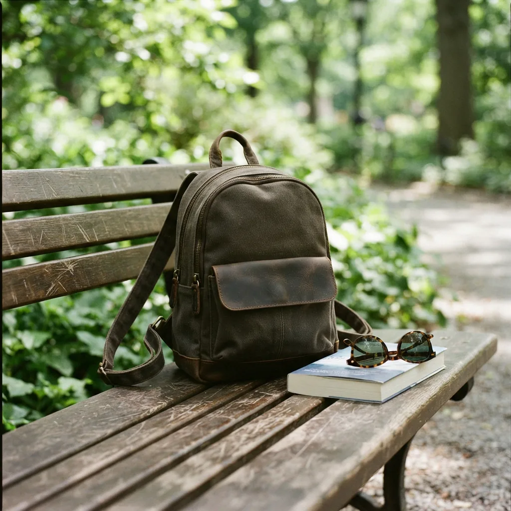 The mini backpack on a park bench with a book and sunglasses placed beside it.