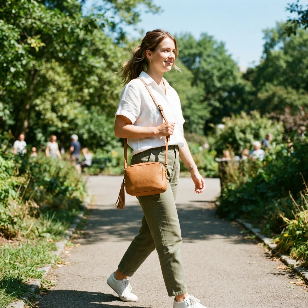 A lightweight crossbody bag with a tassel detail, slung over the shoulder of a person walking in a park.