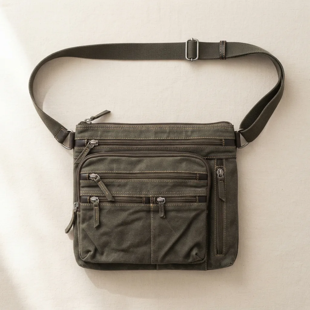 A crossbody bag with several visible exterior zipper pockets and an adjustable strap, laid flat with the strap extended.