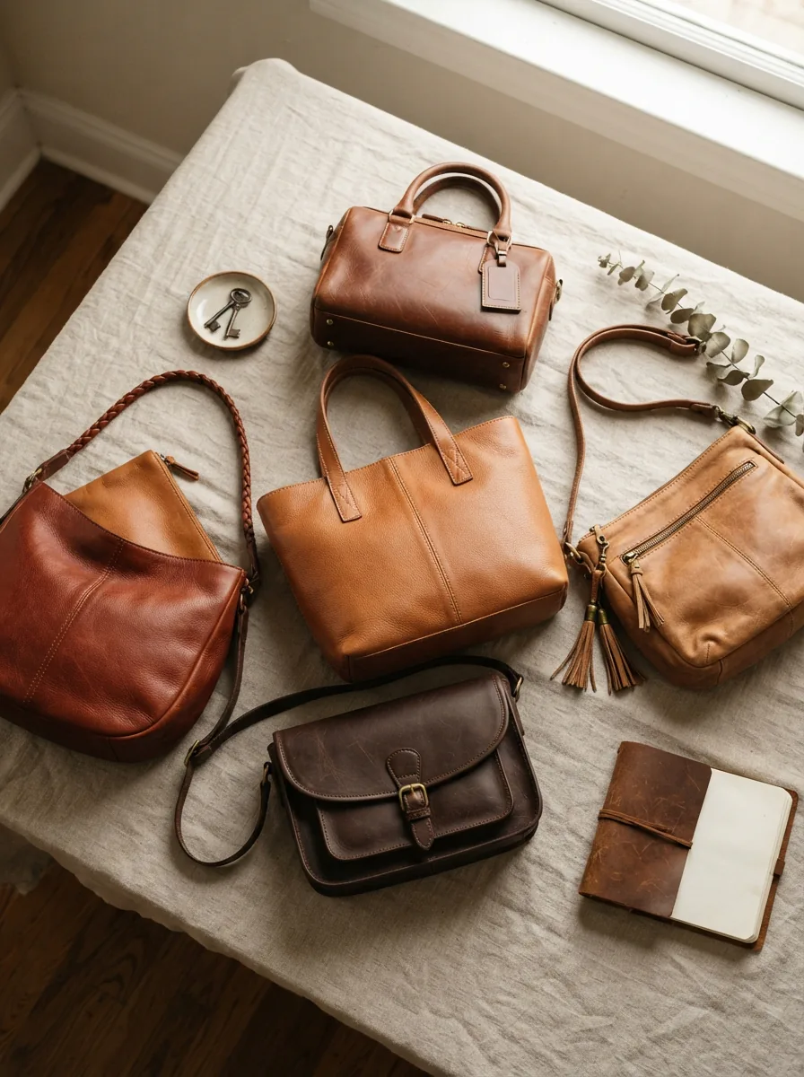 A stylish flat-lay of several Stone & Co. leather handbags in different shapes and earth-tone colors.