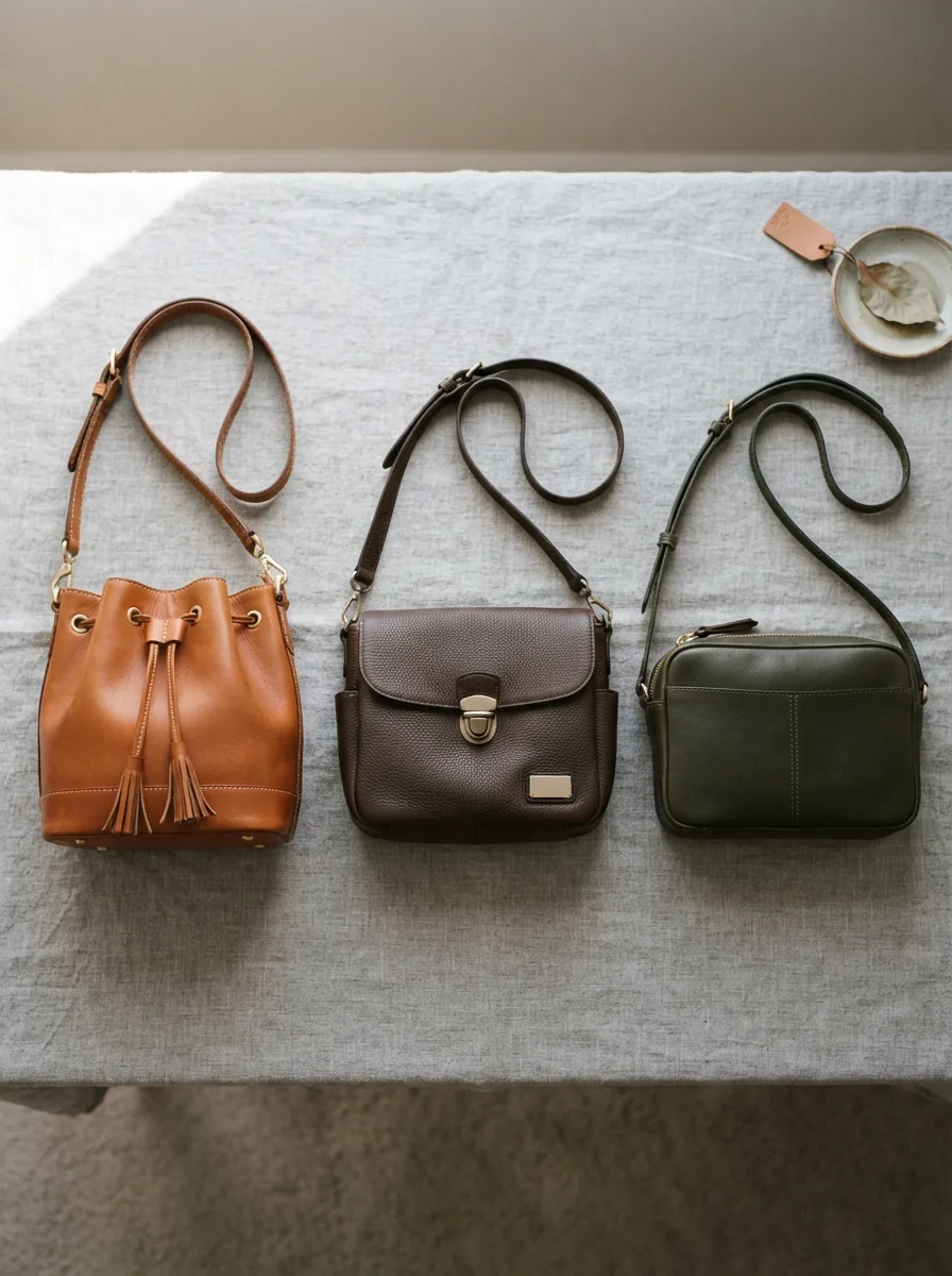 A styled flat lay of three different Stone & Co. crossbody bags arranged on a soft fabric surface.