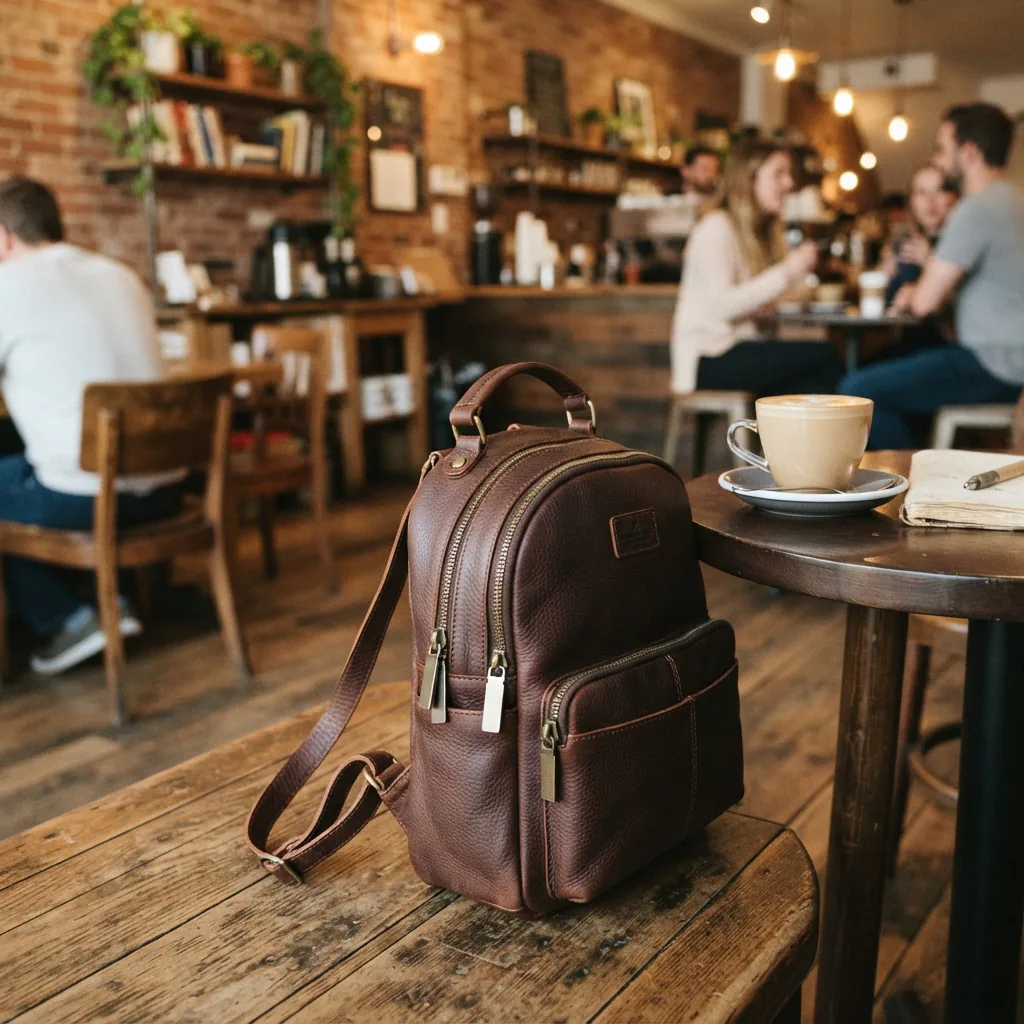 The mini backpack placed on the floor next to a coffee shop table.