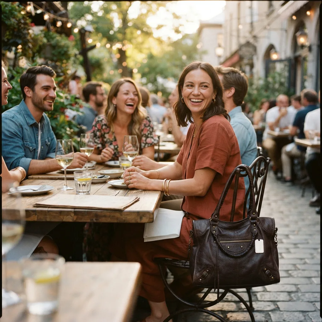 A person holding a handbag while meeting friends at an outdoor cafe table.