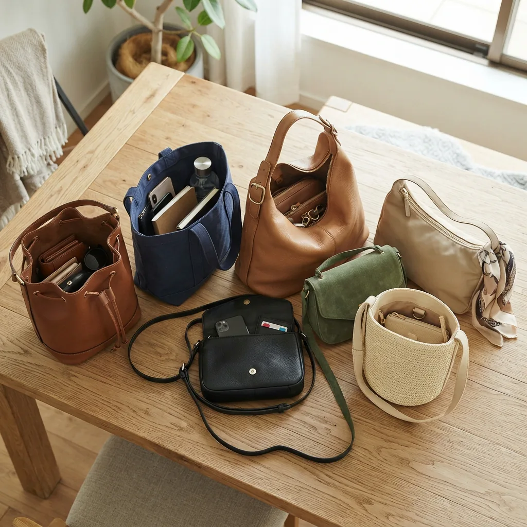 A variety of Stone & Co. handbags displayed on a clean table.