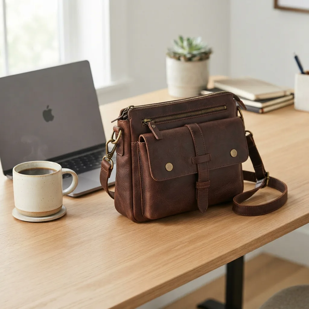 A crossbody bag resting on an office desk next to a laptop and a coffee mug.