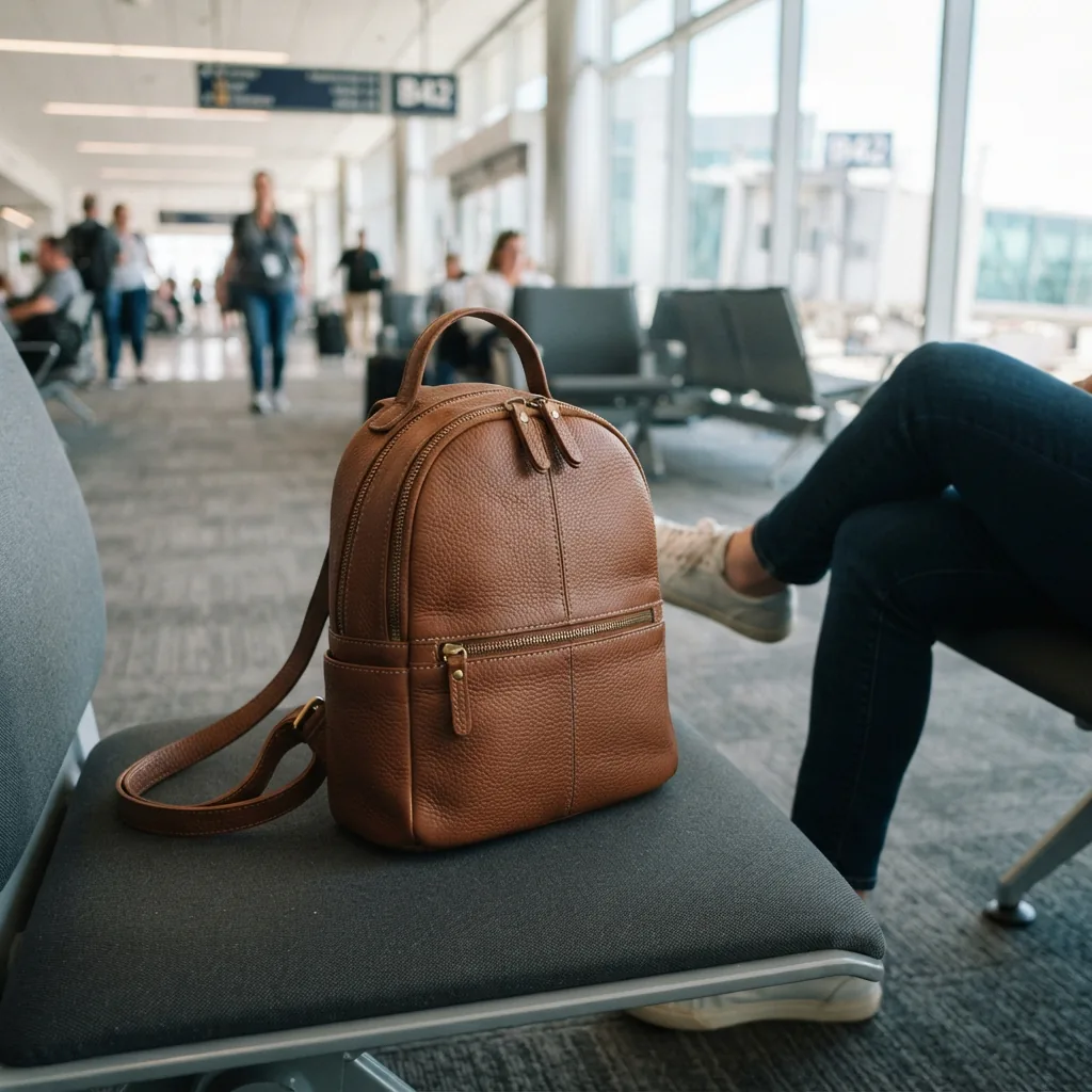 The mini backpack resting on an airport seat next to a traveler's legs.