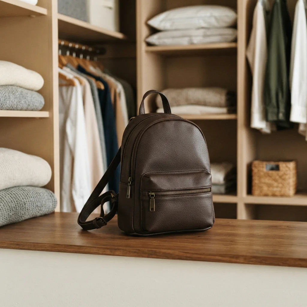 The mini backpack stored neatly on a shelf in a cool, dry closet away from direct sunlight.