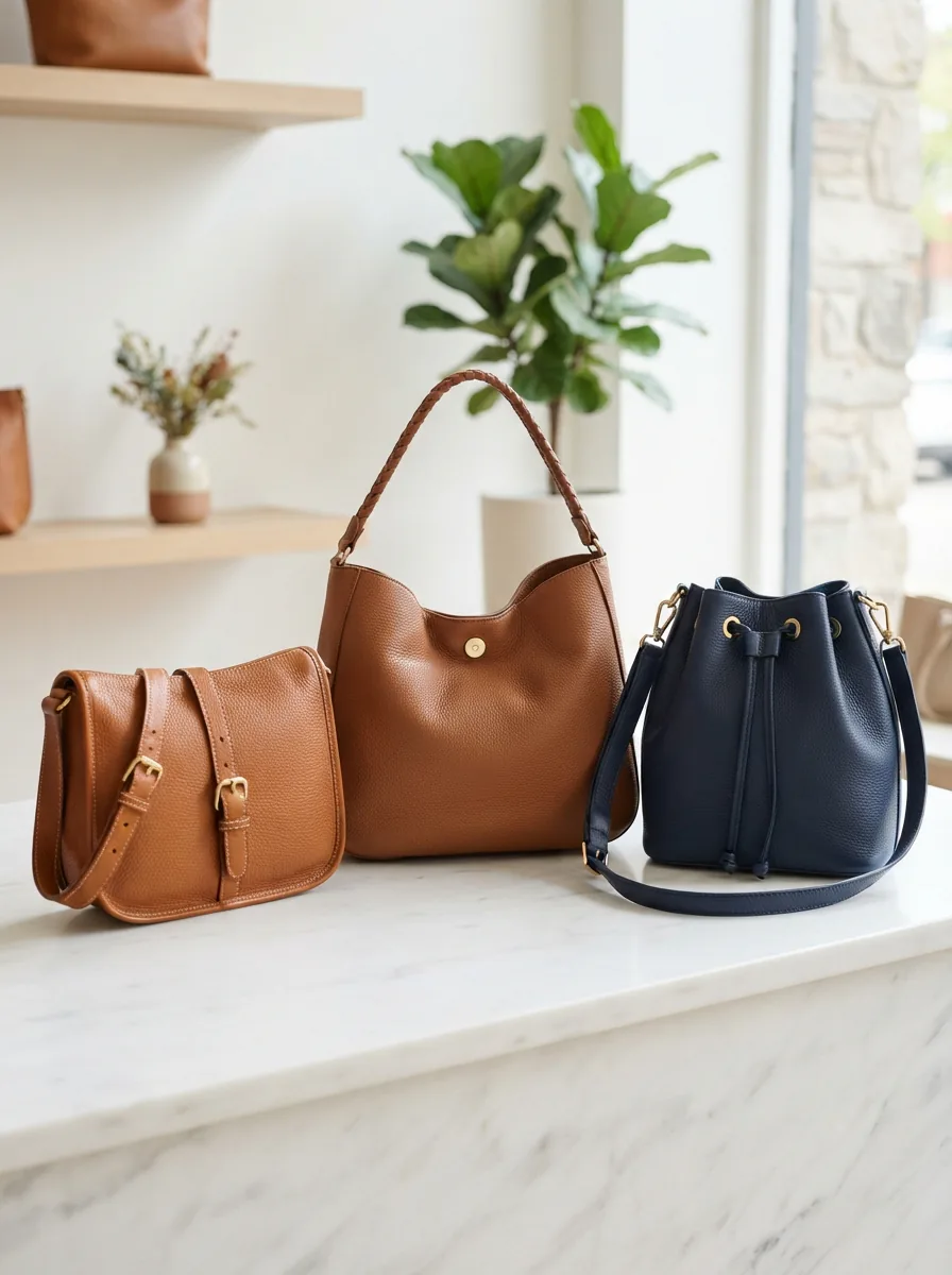 A collection of Stone & Co. handbags arranged on a modern surface.