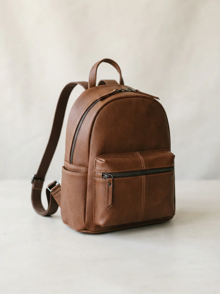 The Stone & Co. Smokey Mountain Double-Entry Mini Backpack in a rich brown color, centered on a light background.