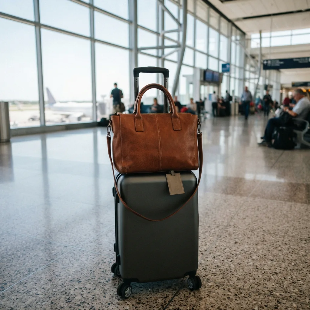 A handbag resting on a suitcase handle in an airport terminal setting.