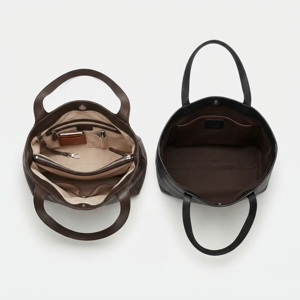 Open handbags revealing different interior pocket configurations and organization.