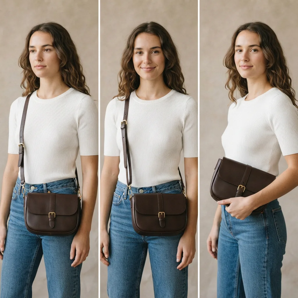 A convertible crossbody bag shown in three different carrying styles: crossbody, shoulder, and clutch.