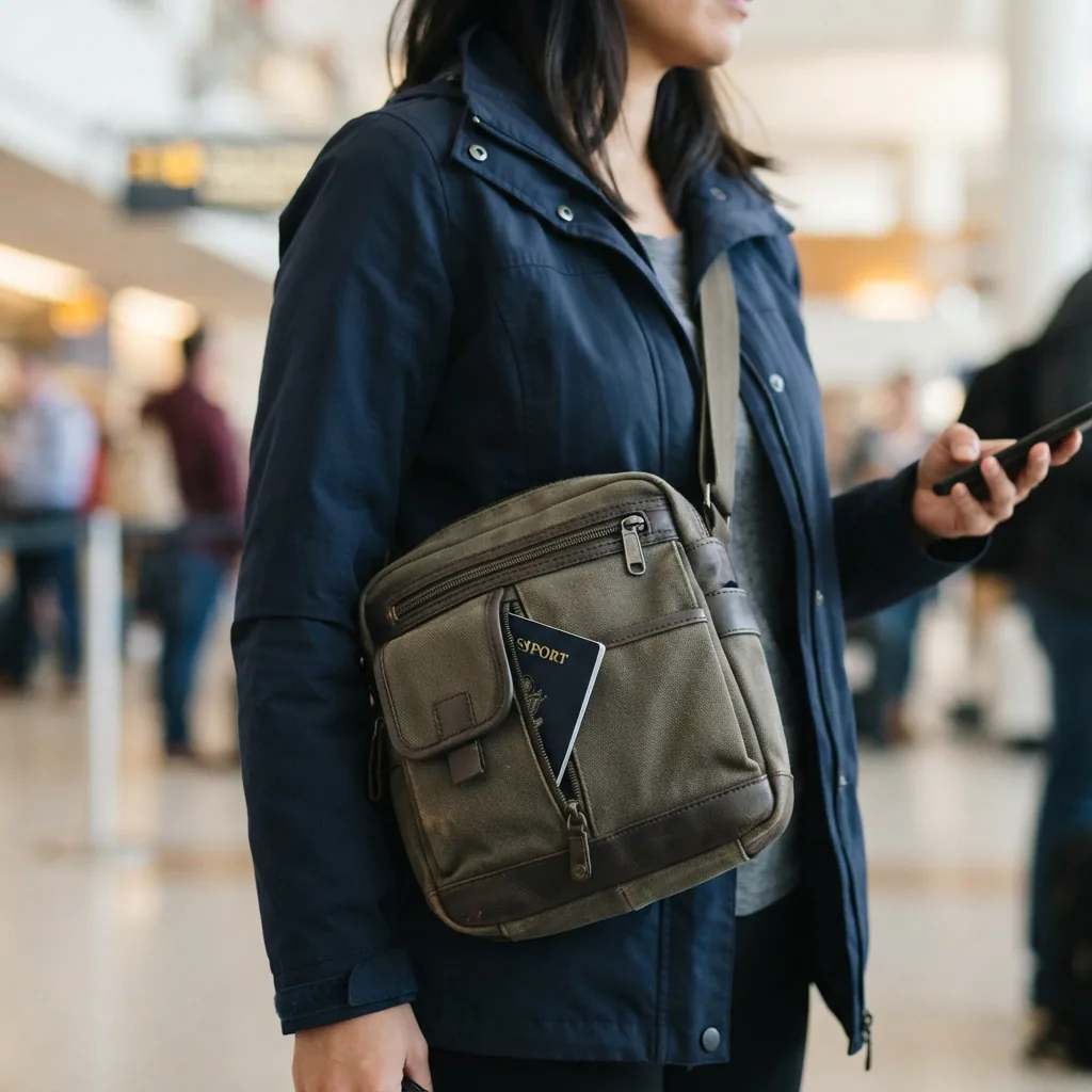 A crossbody bag worn over a travel jacket, with a passport partially visible in an exterior pocket.