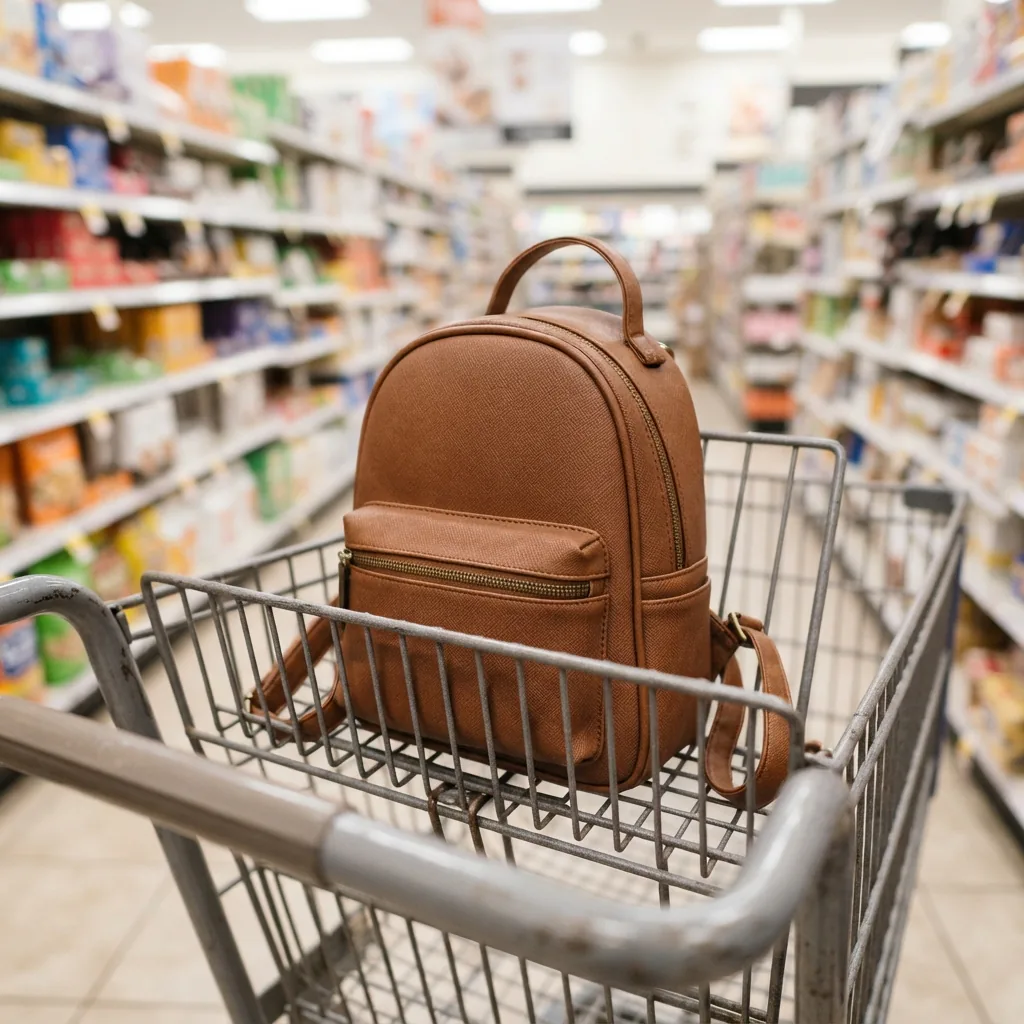 The mini backpack sitting in the child seat of a shopping cart at a store.