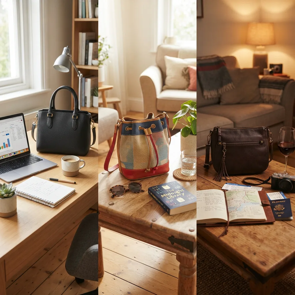 Stone & Co. bags arranged in a setting that suggests different daily occasions.