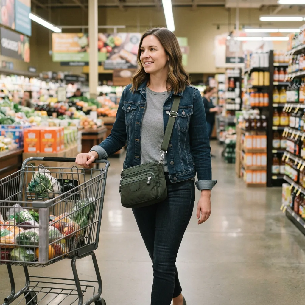 A crossbody bag worn by a person pushing a shopping cart in a bright grocery store aisle.