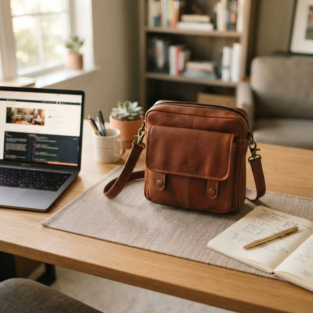 A Stone & Co. shoulder bag placed next to a laptop and notebook on a wooden desk.