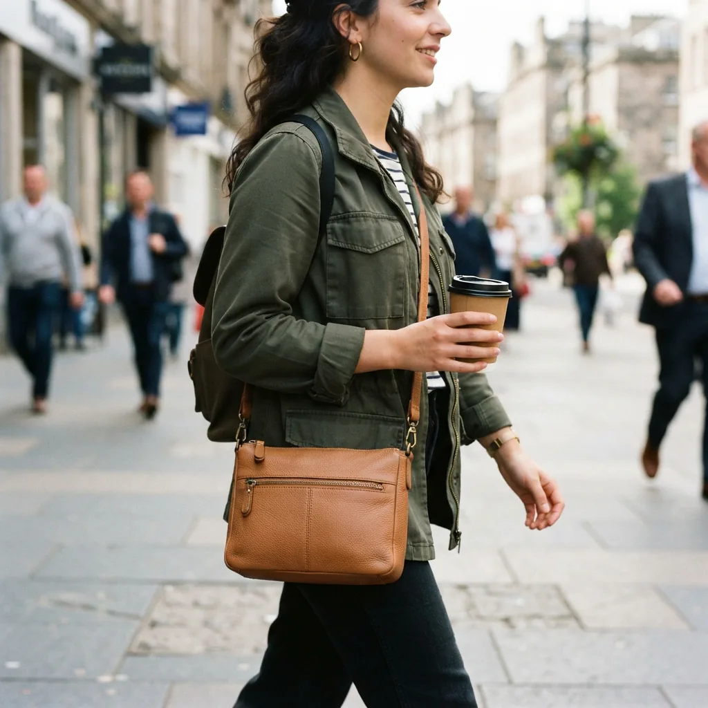 A person wearing a crossbody bag while carrying a coffee cup and a tote bag.