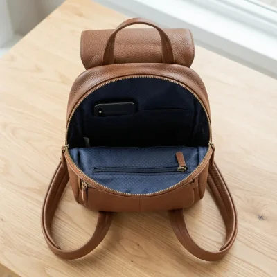 Top-down view of the open Stone & Co. Smokey Mountain mini backpack showing the interior zip pocket and slip pocket holding a phone and wallet.