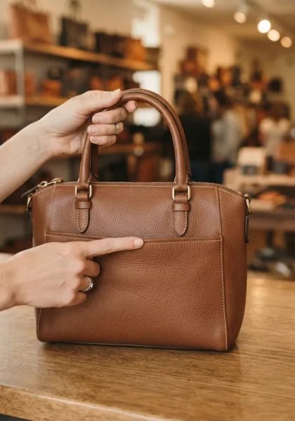 A friendly shopping assistant holding a Stone & Co. handbag.