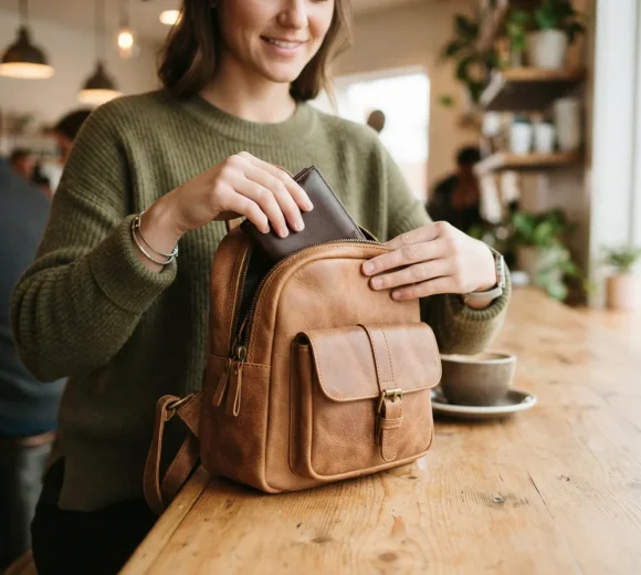 A person sitting at a café table, reaching into their Stone & Co. mini backpack to retrieve a wallet.