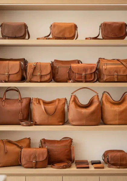 A collection of various Stone & Co. leather handbags arranged neatly for display.