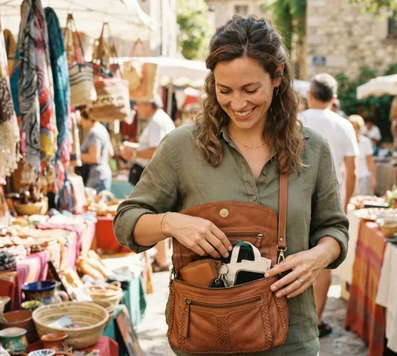 A person smiling while looking into a Stone & Co. crossbody bag at an outdoor market.