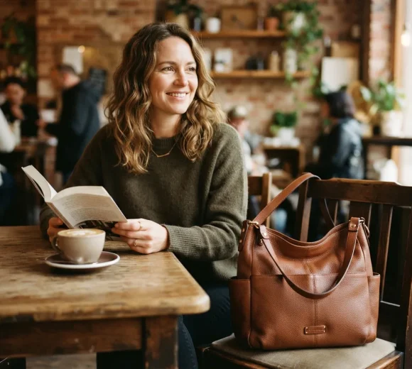 A happy customer reviewing her Stone & Co. handbag purchase.