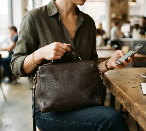 A stylish person casually holding a leather handbag while looking at a phone.