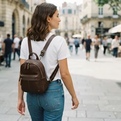 A person wearing the mini backpack over one shoulder, showing the adjustable strap and compact size against a casual outfit.