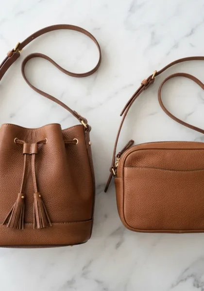 A flat lay of two different Stone & Co. crossbody bags on a marble surface, showing style variety.